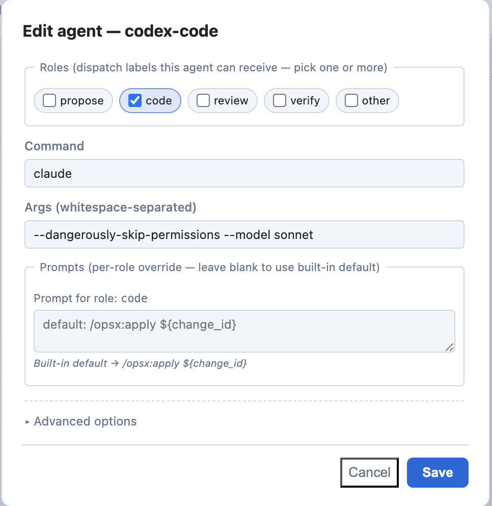 A Worker editor with the code role selected and the built-in OpenSpec apply prompt.