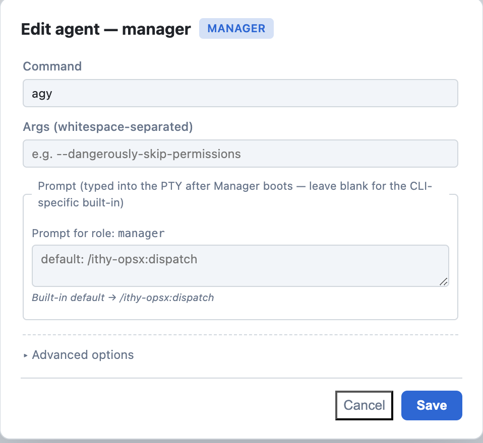 The Manager agent editor configured to run Agy with the built-in dispatch prompt.