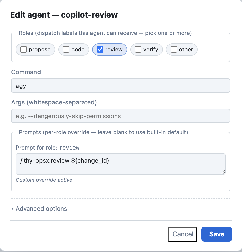 A Worker editor with the review role selected and a custom ithyno review prompt.