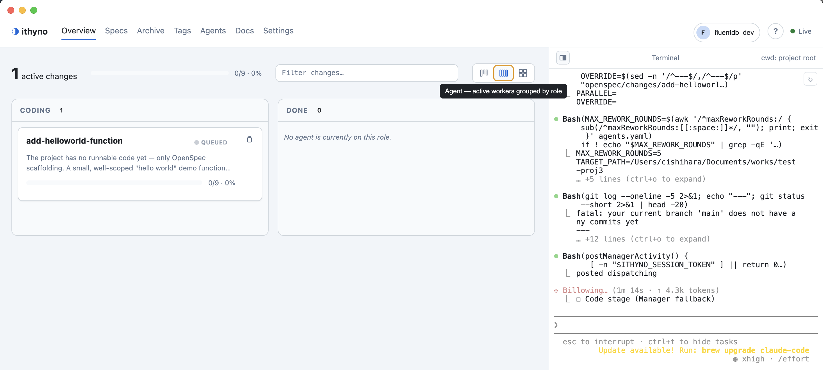 The Electron agent lane view shows the coding stage while the Manager terminal runs.
