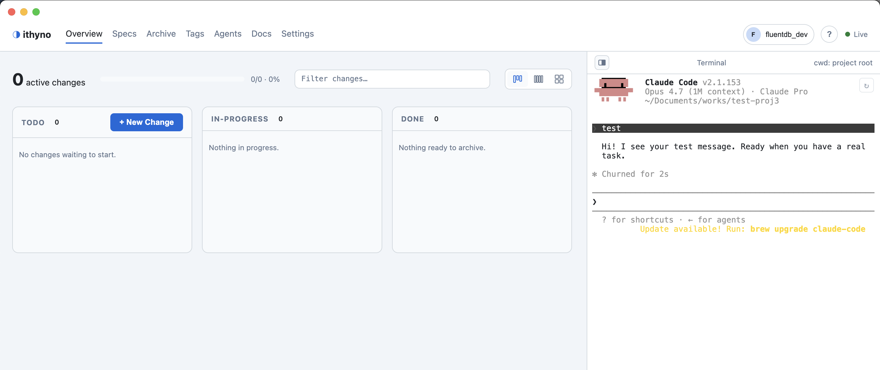 The initialized project opens in the Electron App with an empty dashboard and the Manager terminal.
