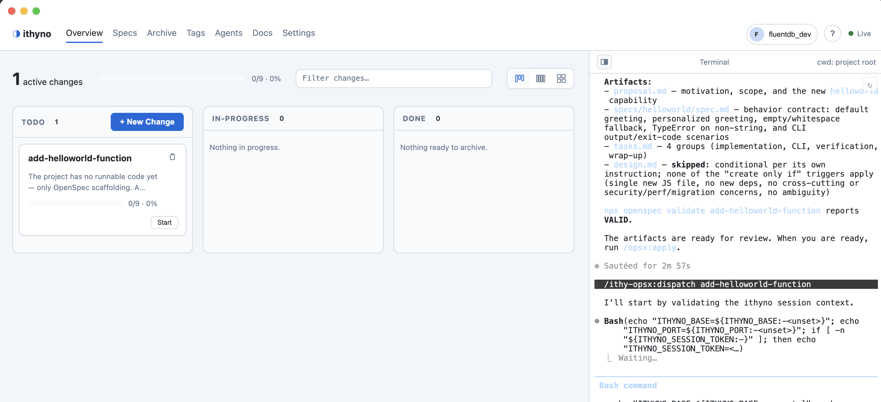 The Electron Manager terminal starts the dispatch workflow for the change.