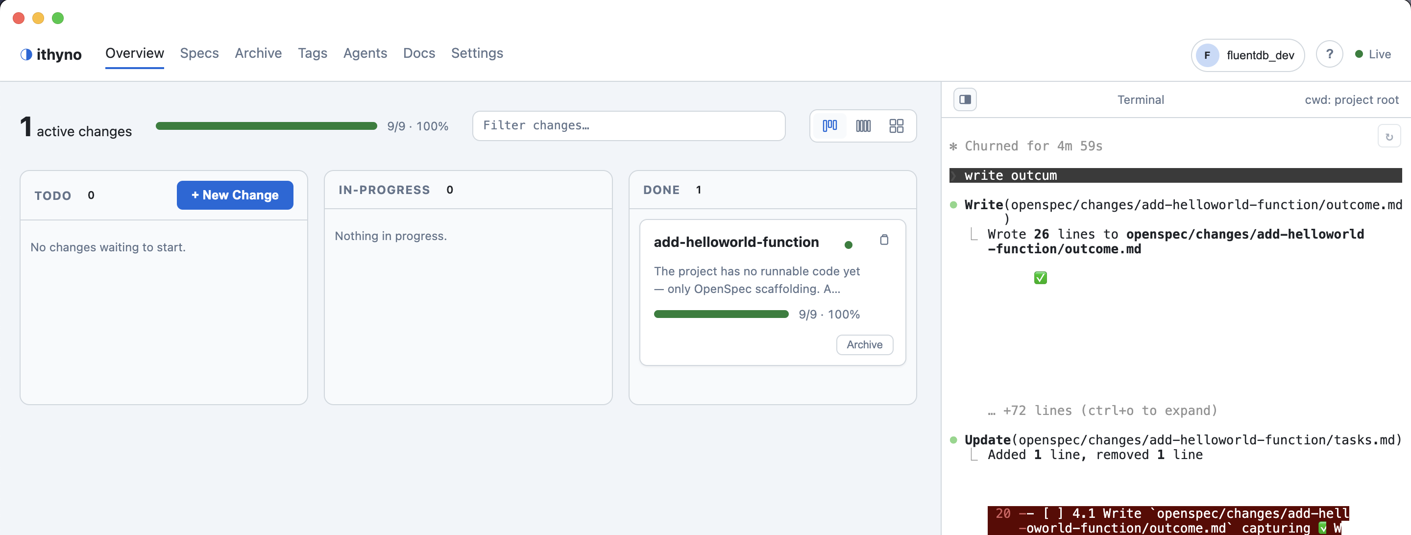 The completed change appears in the Done lane in the Electron App.