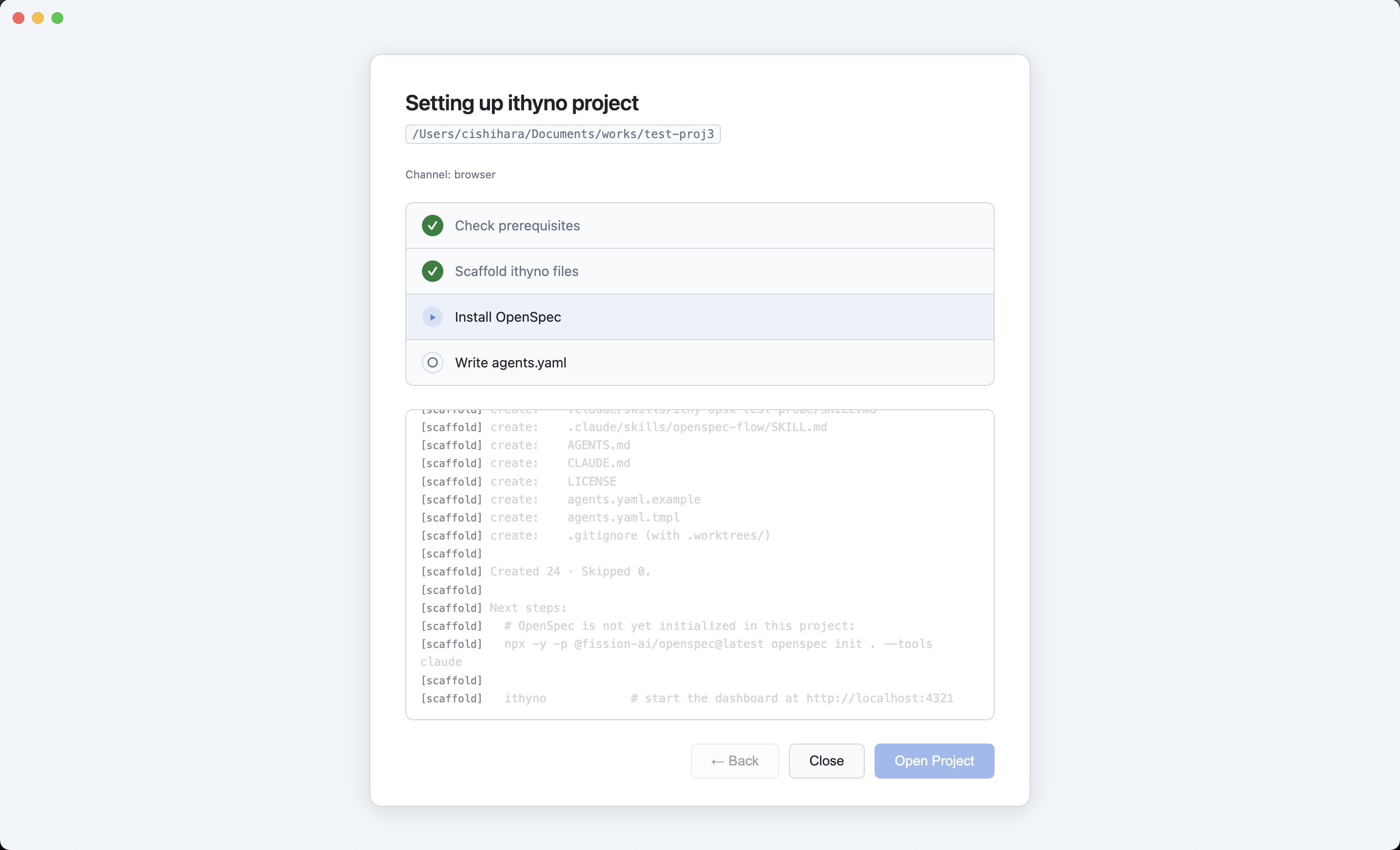 The Electron onboarding screen shows the OpenSpec installation in progress.