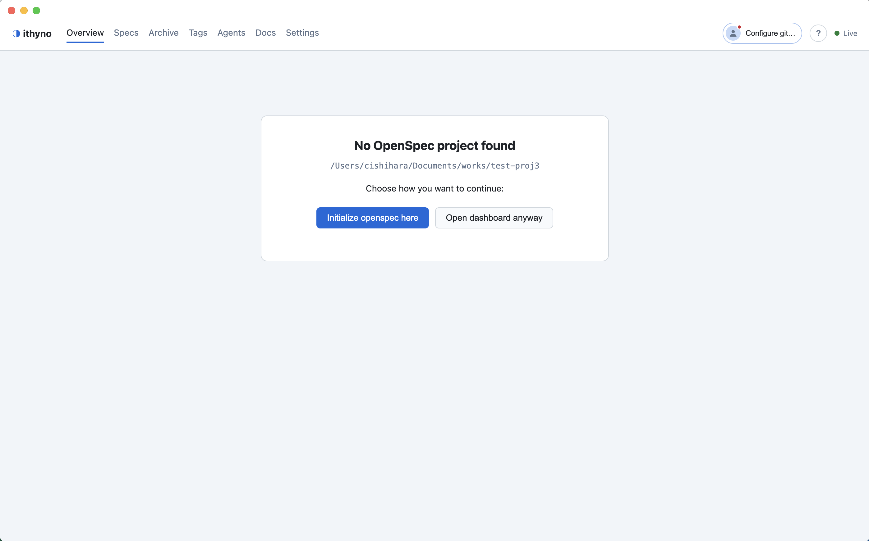 The Electron App reports that the selected folder has no OpenSpec project.