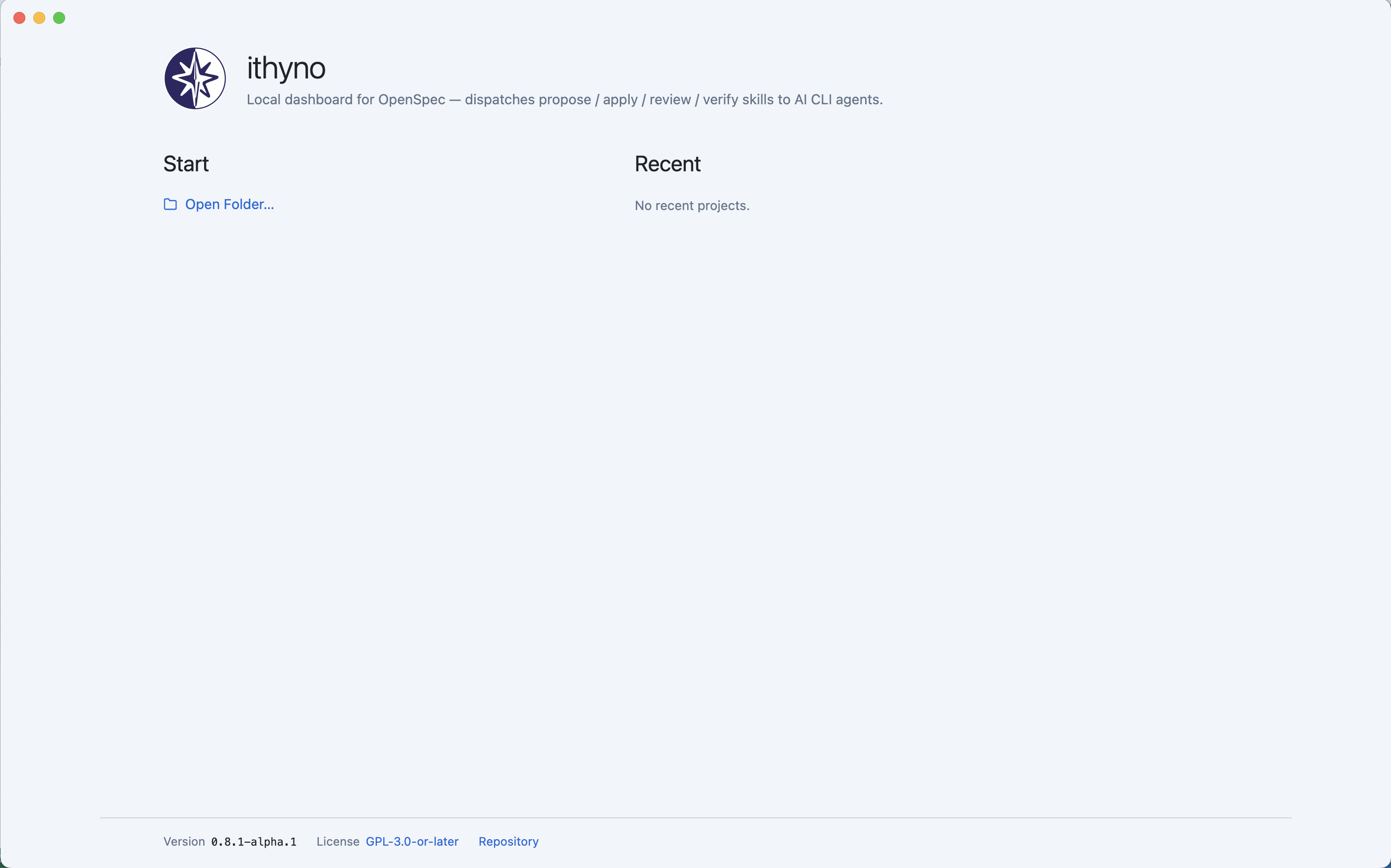 The ithyno Electron welcome screen offers Open Folder and recent projects.