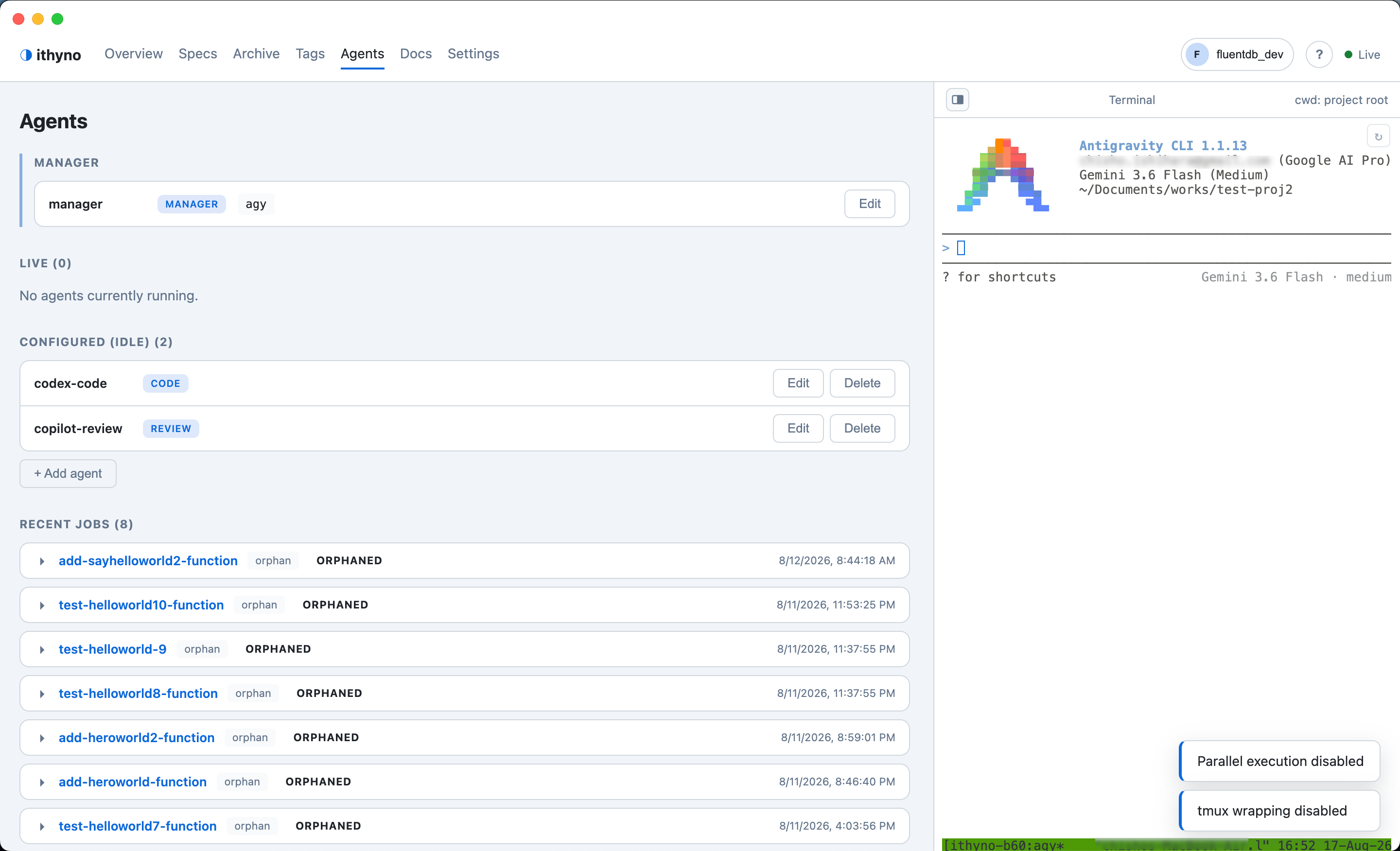 The Agents page shows an Agy Manager, a Codex code worker, and a Copilot review worker.