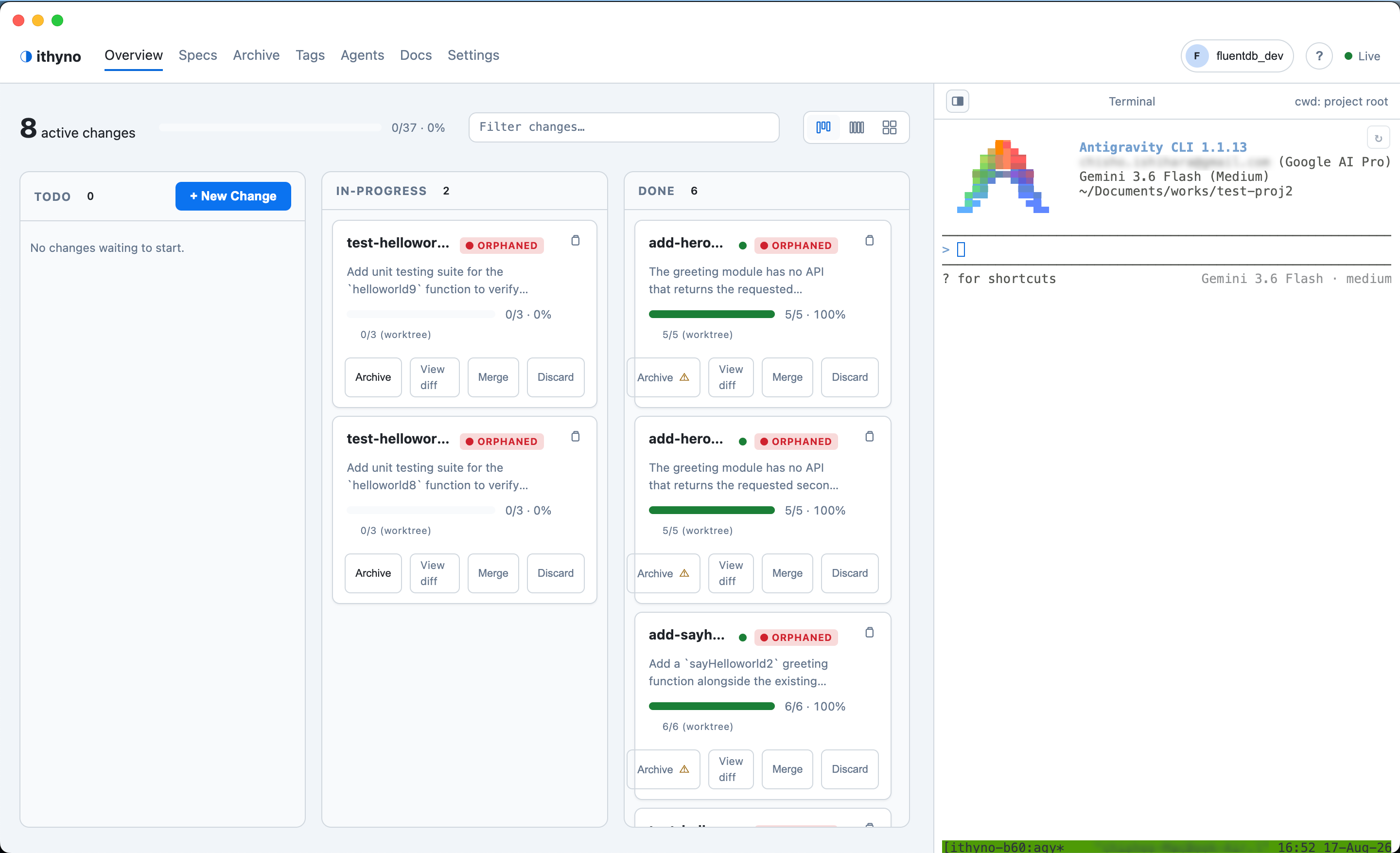 ithyno dashboard showing active OpenSpec changes across lanes beside the Manager terminal