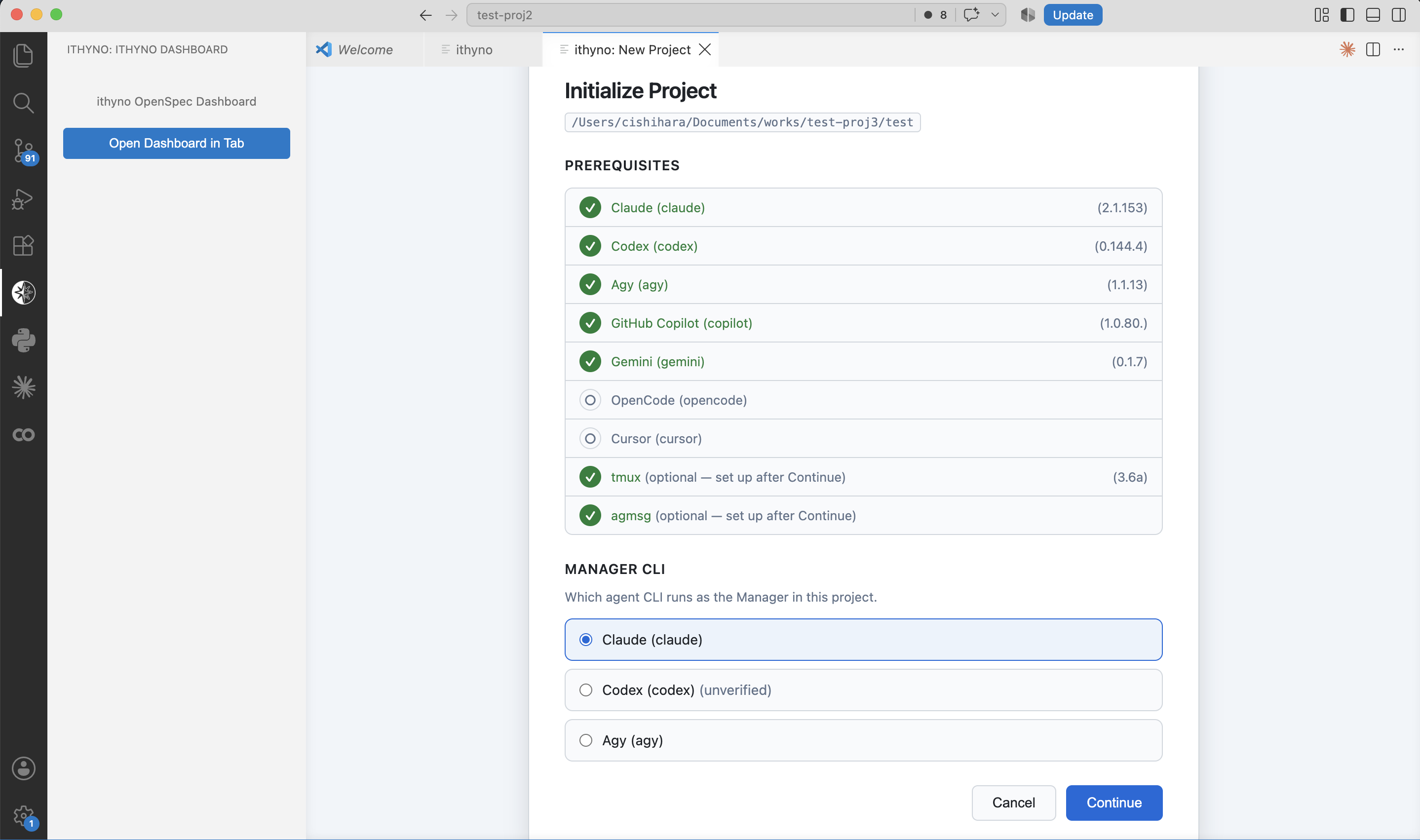 The VS Code Initialize Project panel shows prerequisites and Manager CLI choices.