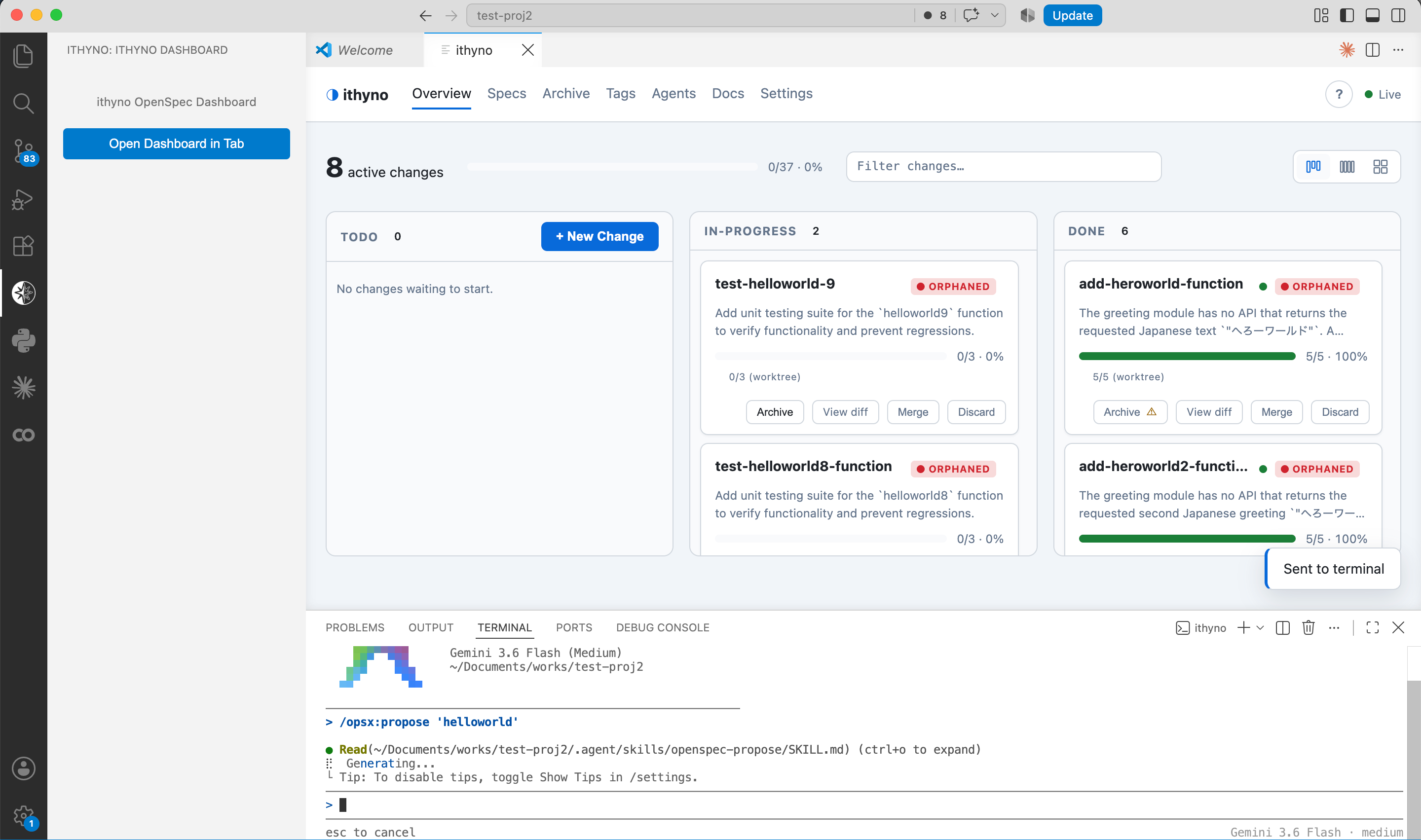 The proposal command is sent to the VS Code Manager terminal.