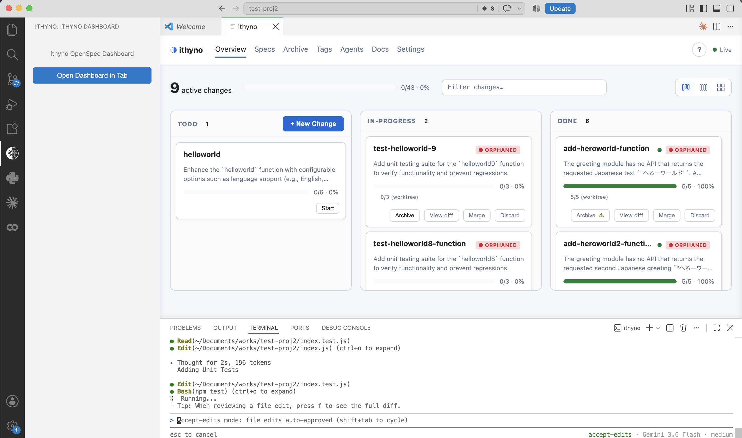 The Manager terminal shows the worker implementing the change.